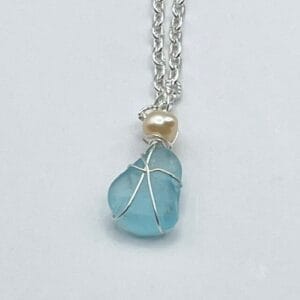 LIght turquoise sea glass necklace with pearl