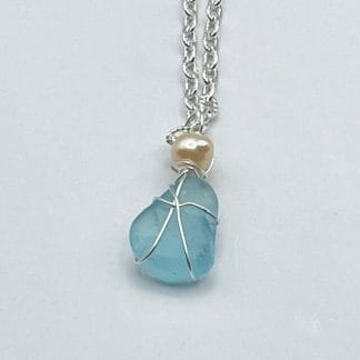LIght turquoise sea glass necklace with pearl