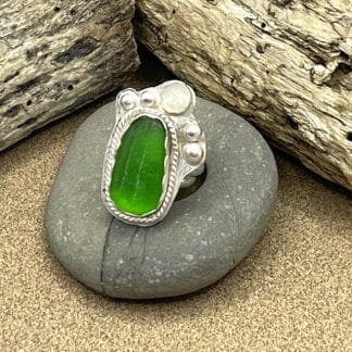 Green Sea Glass RIng with Moonstone