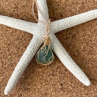 Medium aqua sea glass necklace with gold wire wrap
