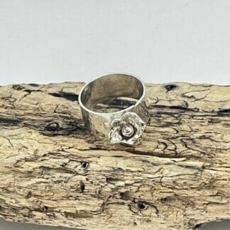 Sterling silver cast flower ring, view