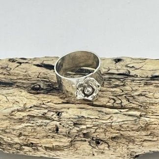 Sterling silver cast flower ring, view