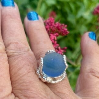 Blue marble sea glass sterling silver ring