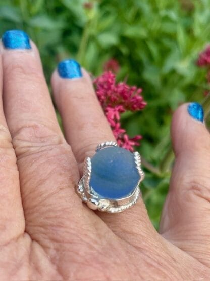 Blue marble sea glass sterling silver ring