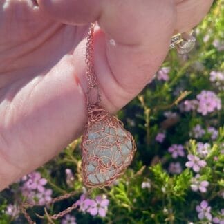 Sea Foam Sea Glass Necklace in Copper Crocheted Wire, outdoor lighting