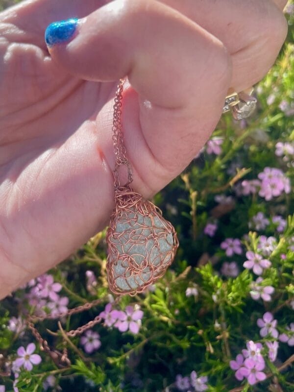 Sea Foam Sea Glass Necklace in Copper Crocheted Wire, outdoor lighting