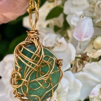 Teal green sea glass necklace woven gold wire