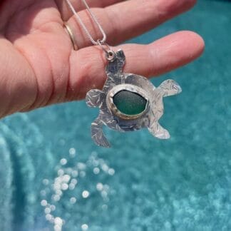 Teal sea glass sterling silver turtle necklace, water