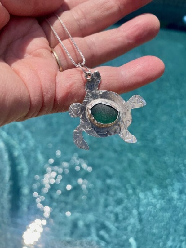 Teal sea glass sterling silver turtle necklace, water