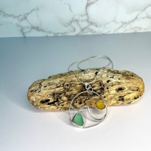Teal and yellow sea glass wave sterling silver necklace