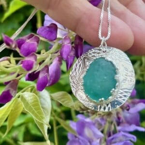 Aqua Sea Glass Necklace on SIlver Disc