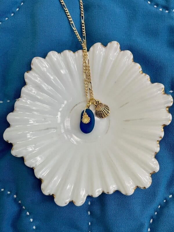 Blue sea glass necklace with gold scallops