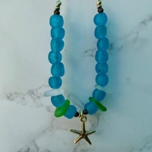 Green sea glass with recycled glass beads and starfish