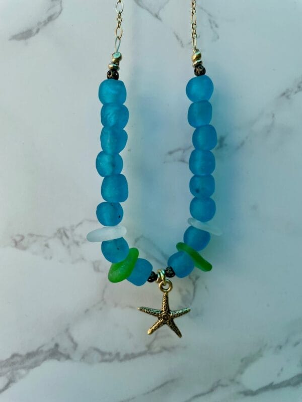 Green sea glass with recycled glass beads and starfish