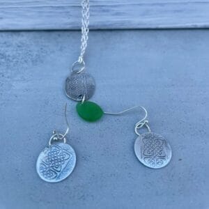 Celtic sea glass necklace & earrings, close up