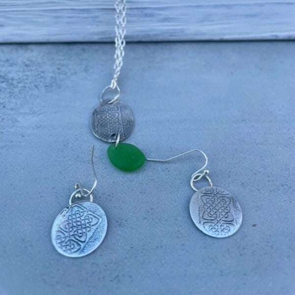 Celtic sea glass necklace & earrings, close up