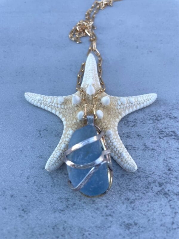 Light Blue Sea Glass Necklace In Silver and Gold