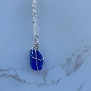 Blue Sea Glass Silver Wire wrap Necklace