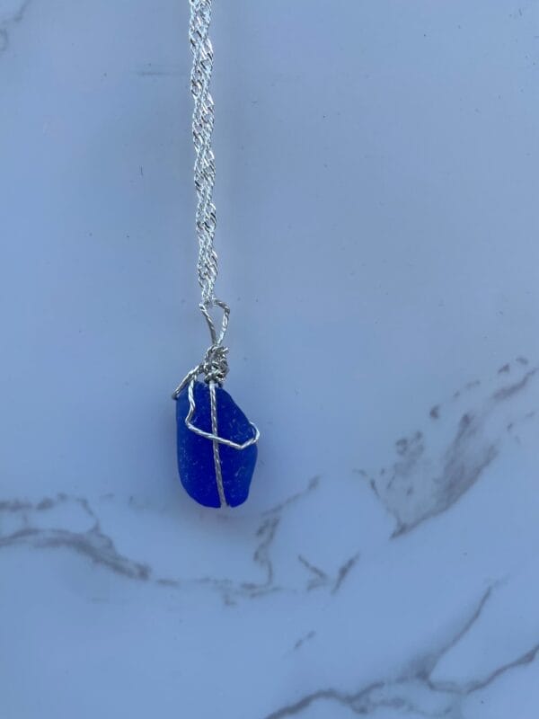 Blue Sea Glass Silver Wire wrap Necklace
