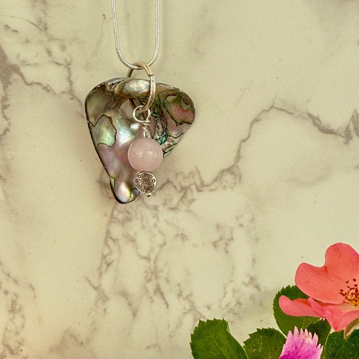 Abalone and Rose Quartz Necklace, Hanging