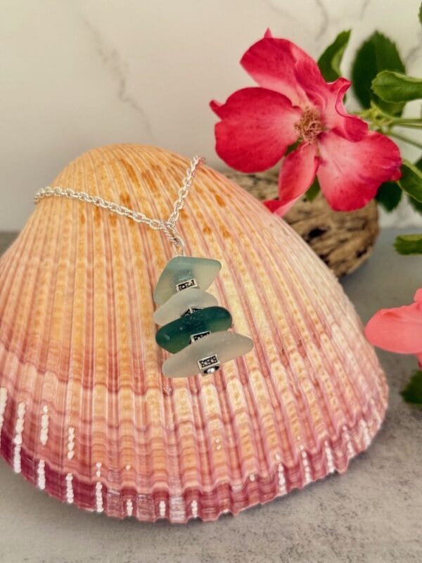 Aqua layered Sea Glass Necklace, on shell