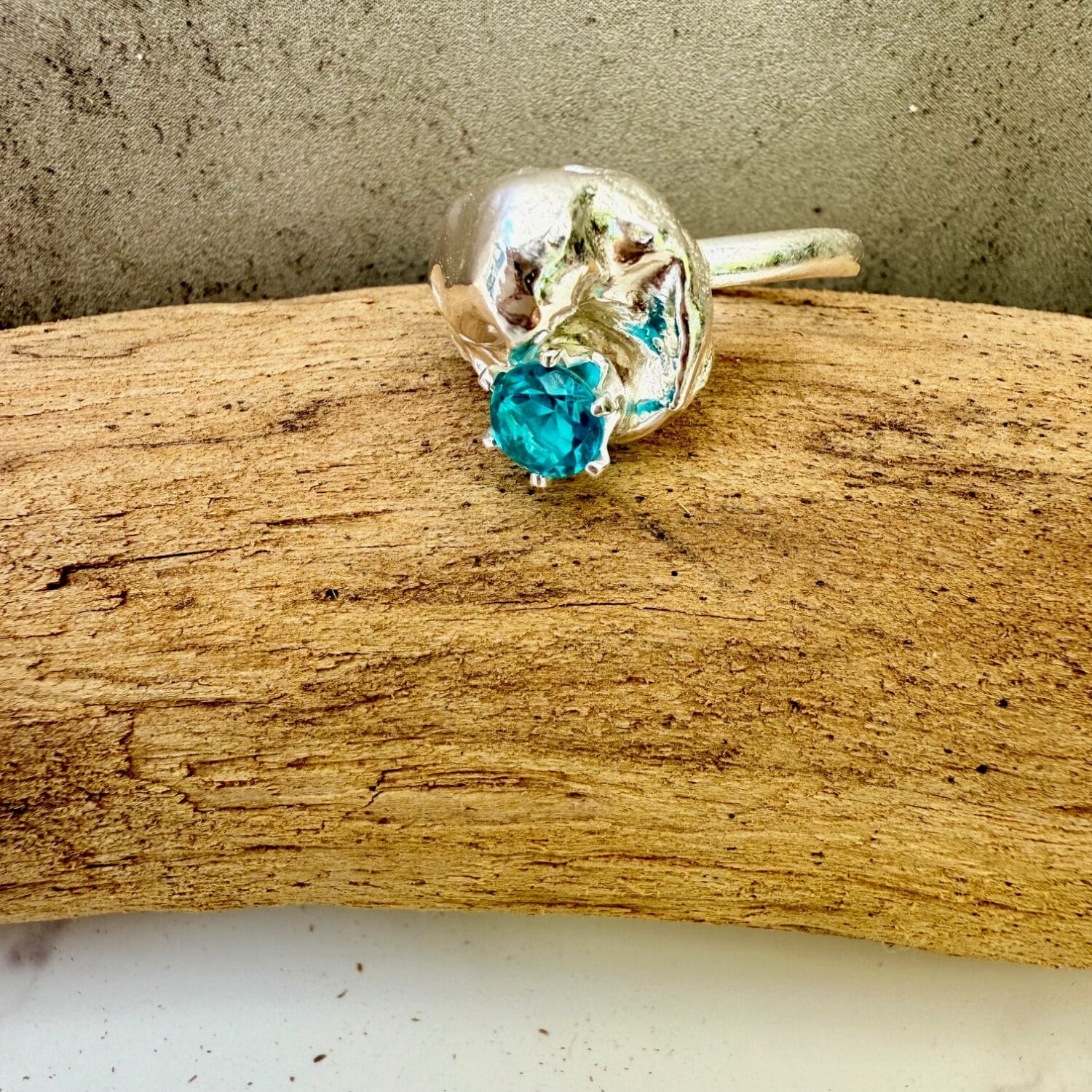 Sterling SIlver Cast Paraiba Tourmaline Ring, , close up