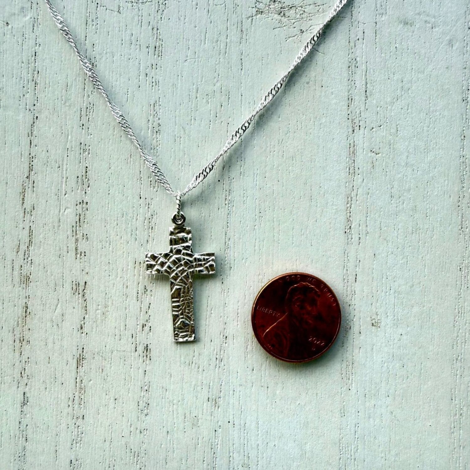 99.9% Fine Silver Cross Necklace, scale
